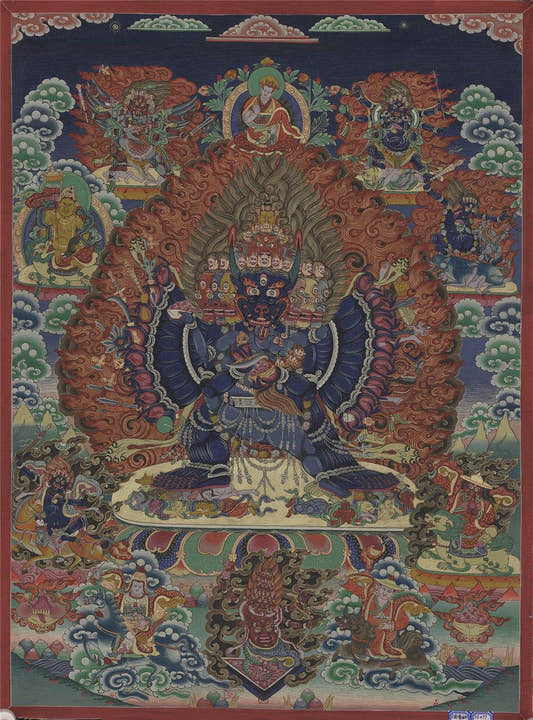 Vajrabhairava / Yamantaka - 17th Century Old Version - Tibetan thangka painting, front view