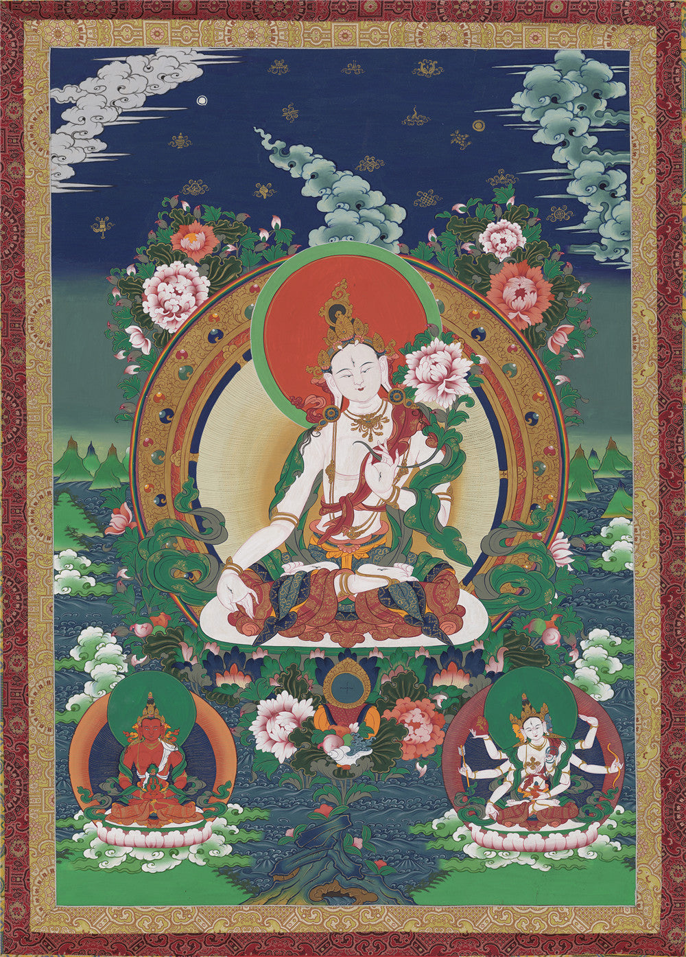 Gandhanra Hand Framed Tibetan Thangka Art,White Tara, Buddhist Tapestry,Giclee Print with Mineral Pigments,48" × 32"