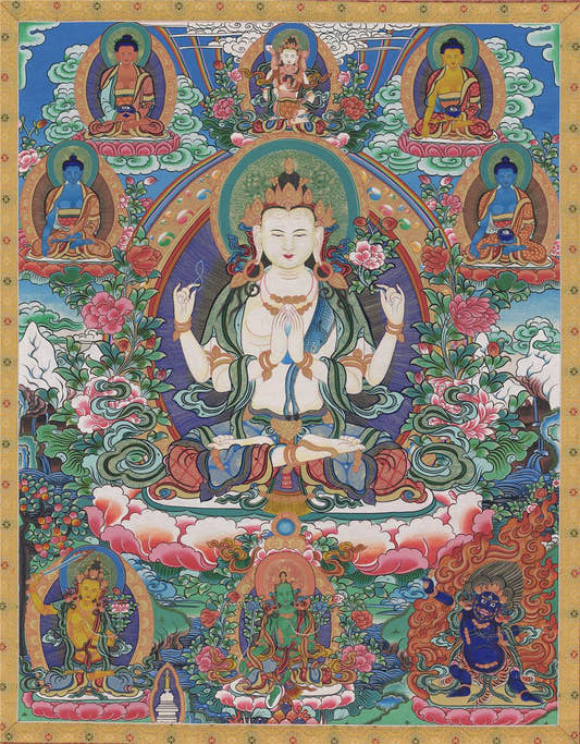 Chenrezig - Tibetan thangka painting, front view
