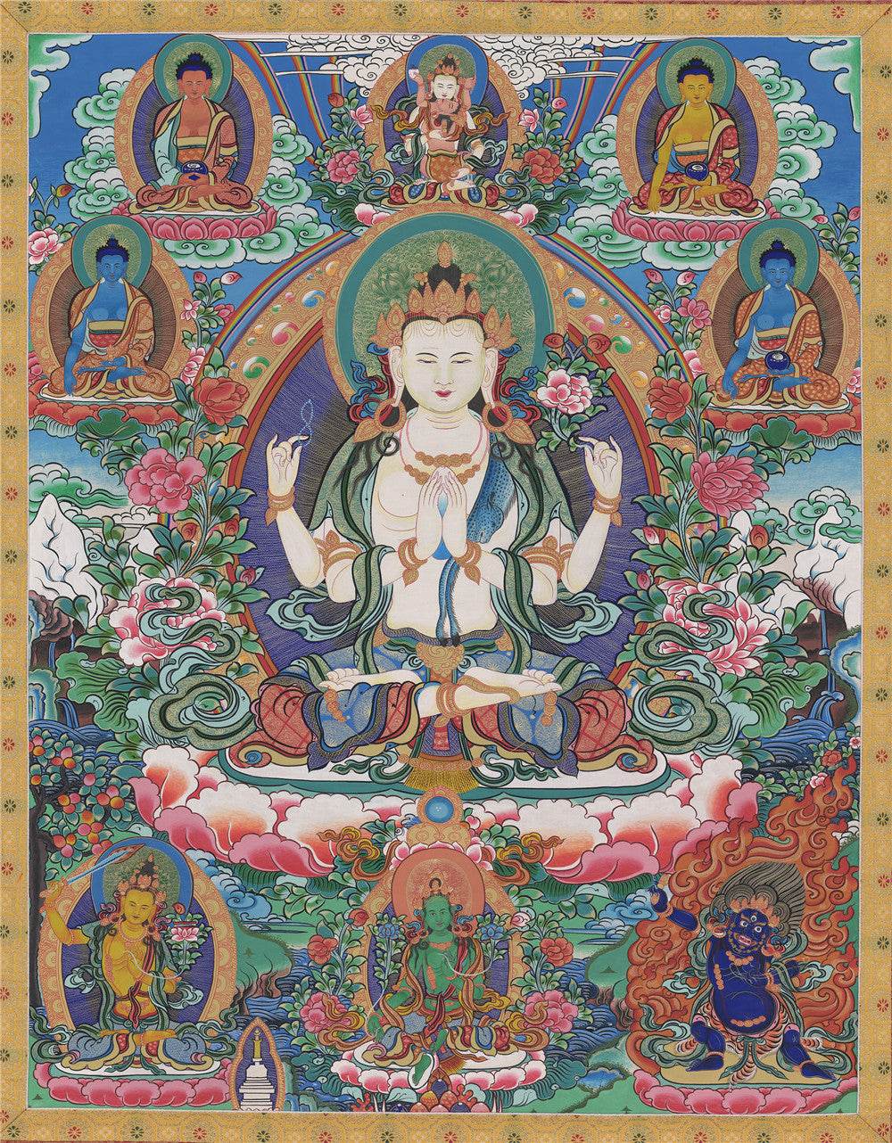 Chenrezig - Tibetan thangka painting, front view