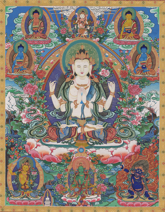 Gandhanra Tibetan Thangka Art - Chenrezig - Padmapani - from Kathok Monastery - Giclee Print with Mineral Pigments