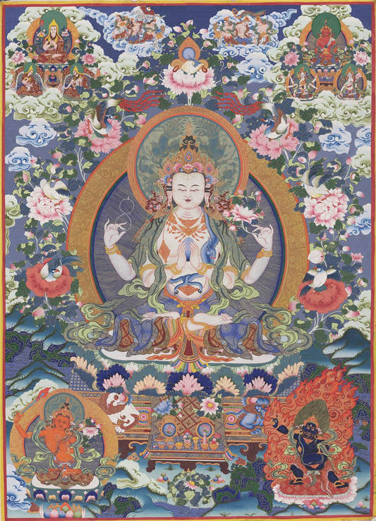 Chenrezig - Tibetan thangka painting, front view