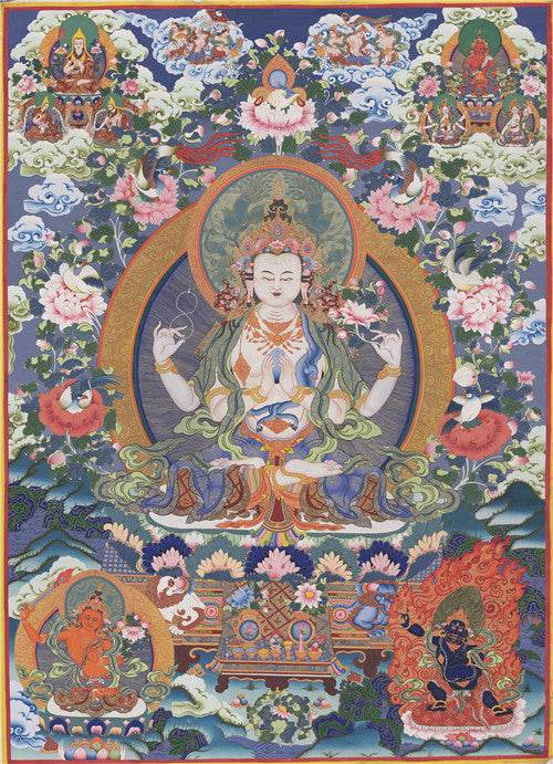 Chenrezig Image - Tibetan thangka painting, front view