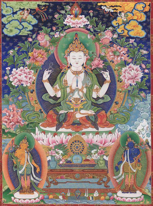 Chenrezig - Tibetan thangka painting, front view