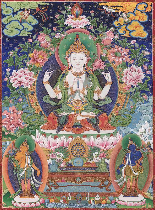 Chenrezig - Tibetan thangka painting, front view