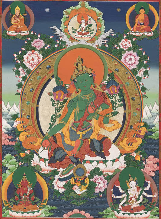 Green Tara - Tibetan thangka painting, front view