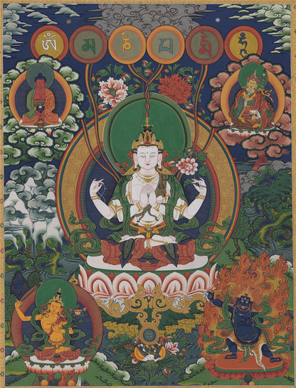 Gandhanra Tibetan Thangka Art - Chenrezig - Padmapani - from Kathok Monastery - Giclee Print with Mineral Pigments