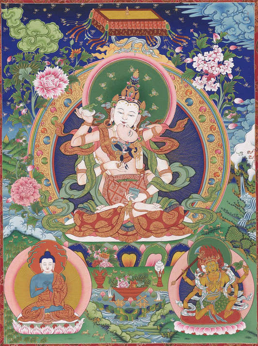 Vajrasattva in Yab Yum - Tibetan thangka painting, front view