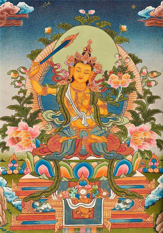 Manjusri - Tibetan thangka painting, front view