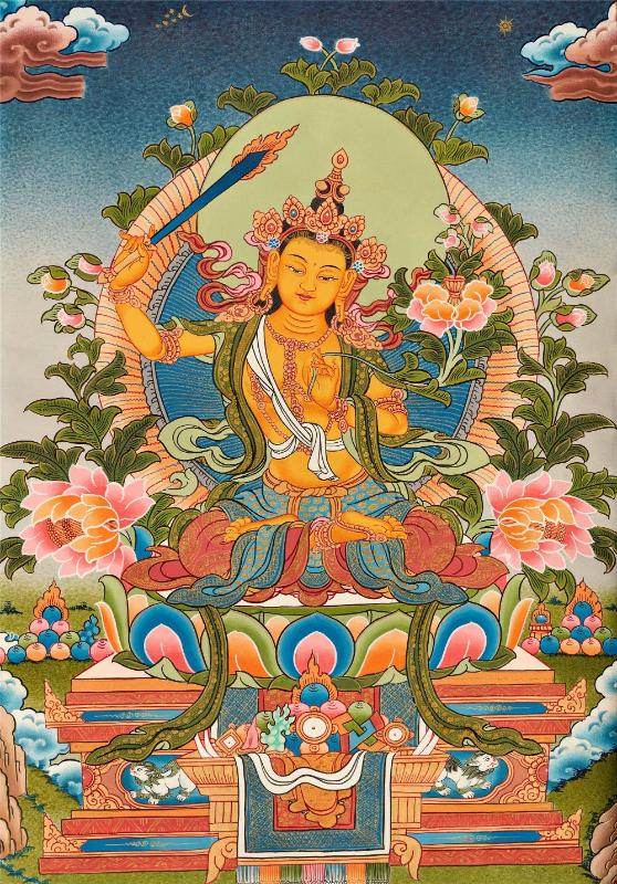 Manjusri - Tibetan thangka painting, front view