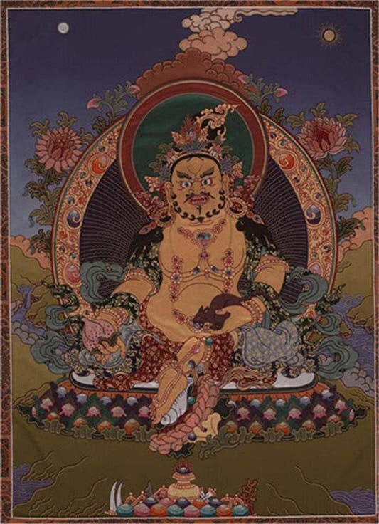 Yellow Jambhala Image - Tibetan thangka painting, front view