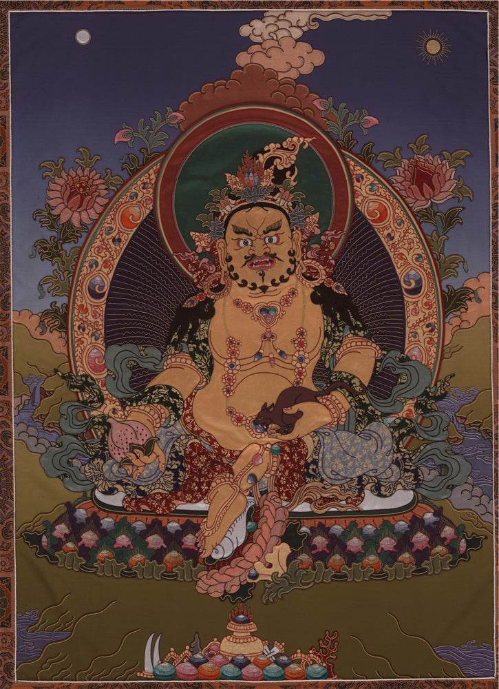 Yellow Jambhala - Tibetan thangka painting, front view