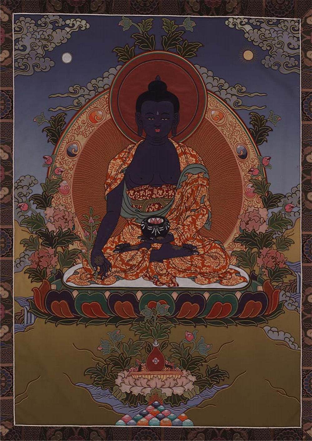 Bhaisajyaguru - Medicine Buddha - Tibetan thangka painting, front view