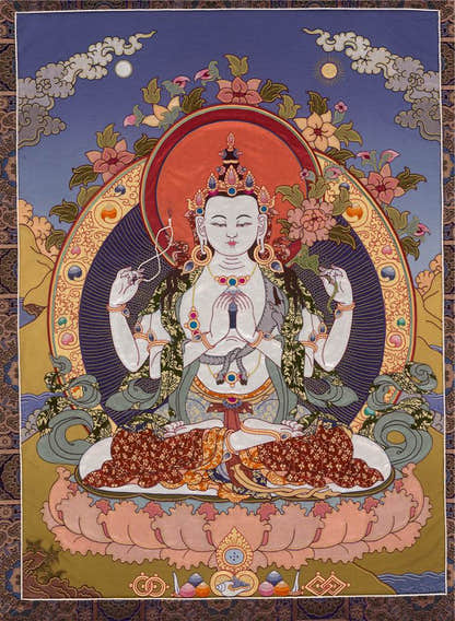Chenrezig - Tibetan thangka painting, front view