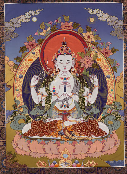 Gandhanra Tibetan Thangka Art - Chenrezig - Padmapani - from Kathok Monastery - Giclee Print with Mineral Pigments