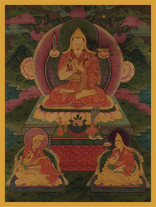 Gandhanra Tibetan Thangka Art - Tsongkhapa and His 2 Disciples - from Labrang Monastery - Giclee Print with Mineral Pigments