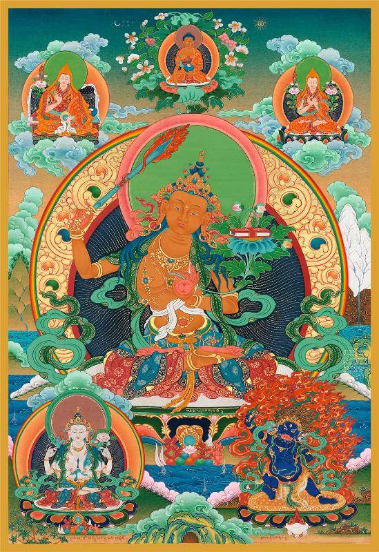 Manjusri - Tibetan thangka painting, front view