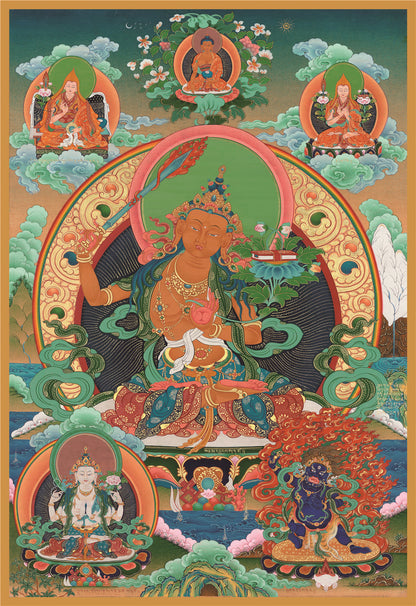 Gandhanra Tibetan Thangka Art - Manjusri - from Kathok Monastery - Giclee Print with Mineral Pigments