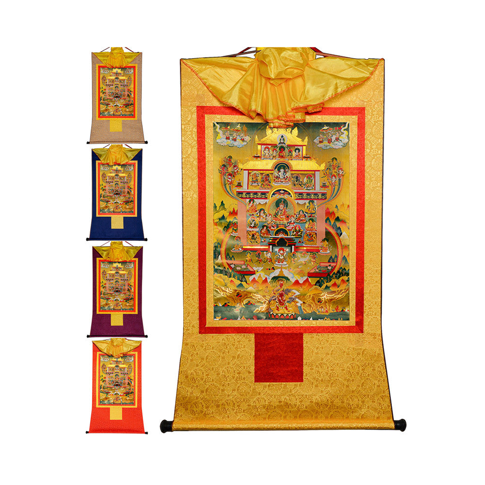 Gandhanra Bronzing Printed Tibetan Thangka Art - Guru Rinpoche Thangka(Pure Land), Hand Framed Tibetan Buddhist Thangka Wall Hanging