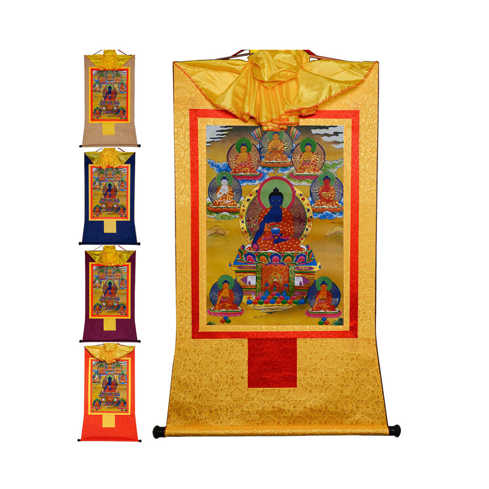 Gandhanra Bronzing Printed Tibetan Thangka Art - Bhaisajyaguru-Medicine Buddha Thangka, Hand Framed Tibetan Buddhist Thangka Wall Hanging