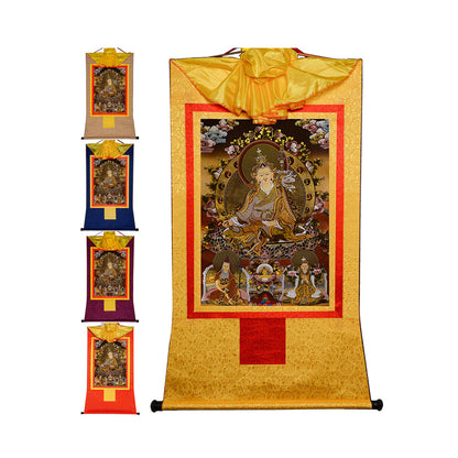 Gandhanra Bronzing Printed Tibetan Thangka Art - Guru Rinpoche Thangka (Black Type), Hand Framed Tibetan Buddhist Thangka Wall Hanging