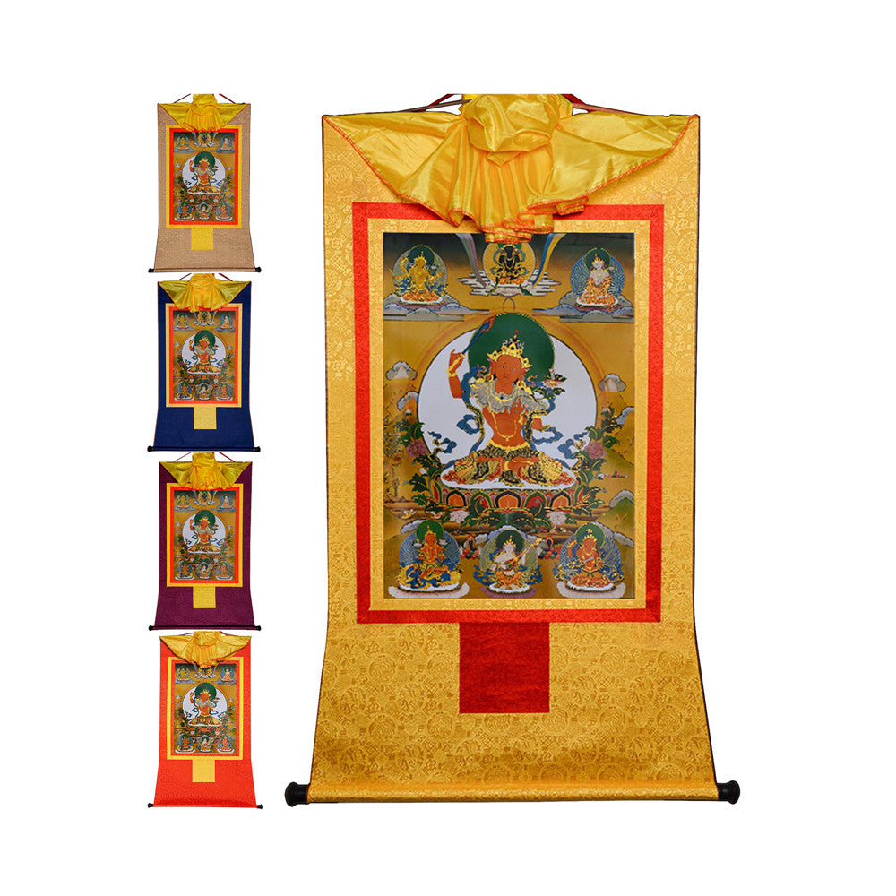Gandhanra Bronzing Printed Tibetan Thangka Art - Manjusri Thangka, Hand Framed Tibetan Buddhist Thangka Wall Hanging