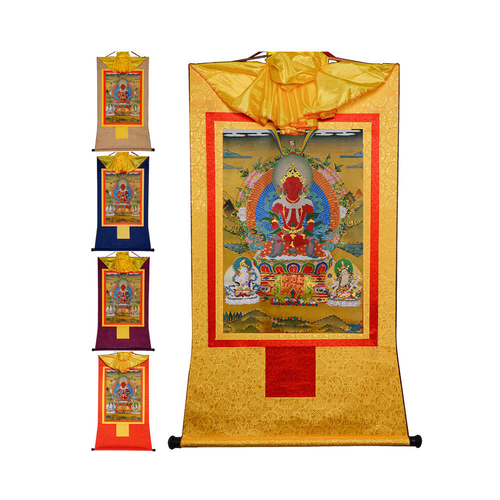 Gandhanra Bronzing Printed Tibetan Thangka Art - Amitayus Thangka, Hand Framed Tibetan Buddhist Thangka Wall Hanging