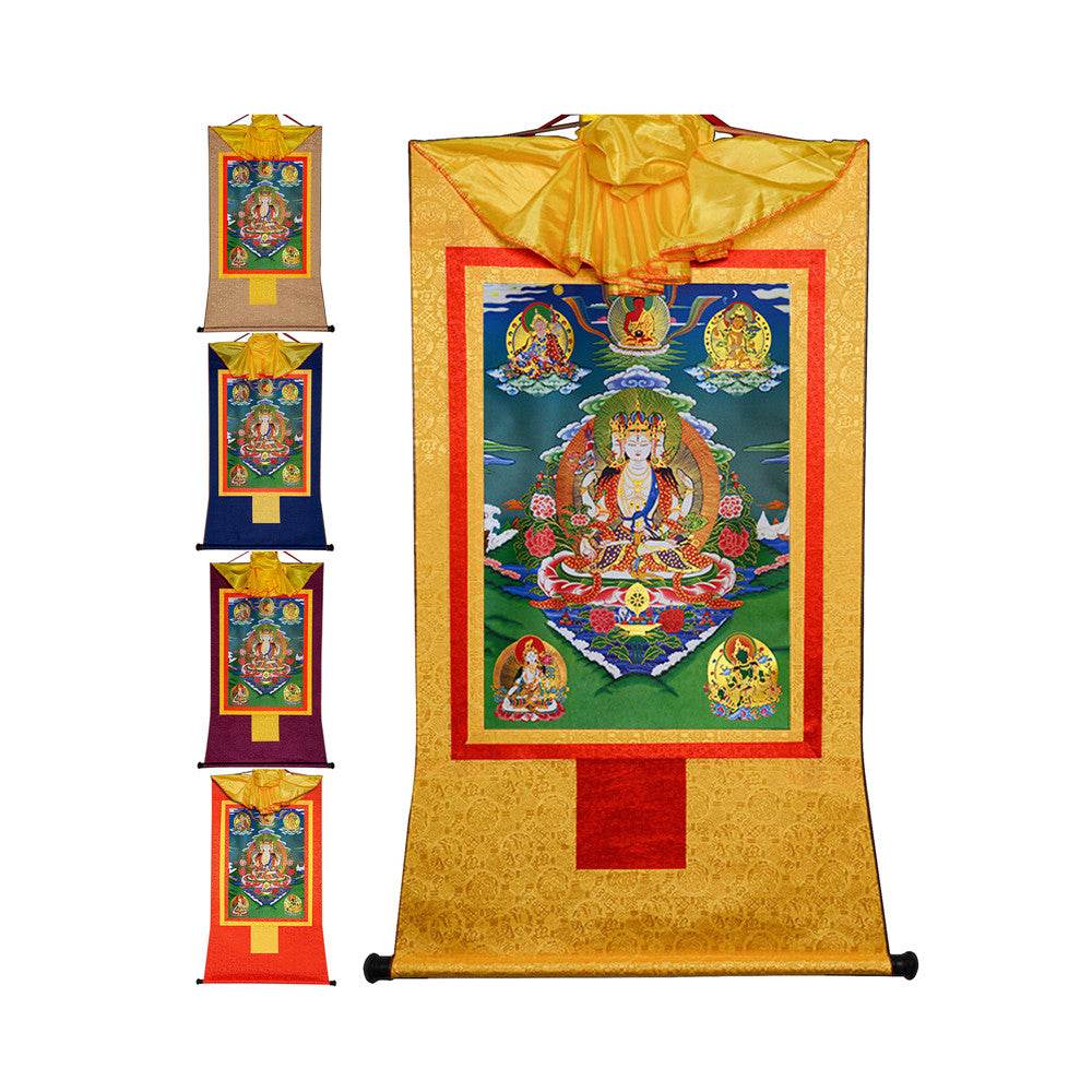 Usnisa Vijaya and 5 Healing Buddhas - Tibetan thangka painting, front view