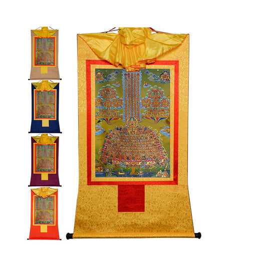Gandhanra Bronzing Printed Tibetan Thangka Art - Je Tsongkhapa Refuge Tree Thangka, Hand Framed Tibetan Buddhist Thangka Wall Hanging