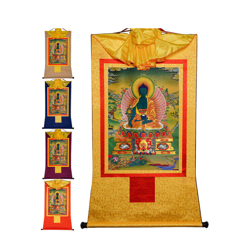Gandhanra Bronzing Printed Tibetan Thangka Art - Bhaisajyaguru-Medicine Buddha Thangka, Hand Framed Tibetan Buddhist Thangka Wall Hanging