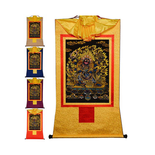 ནག་པོ་ཆེན་པོ། Six Armed Mahakala-Black Type - Tibetan thangka painting, front view