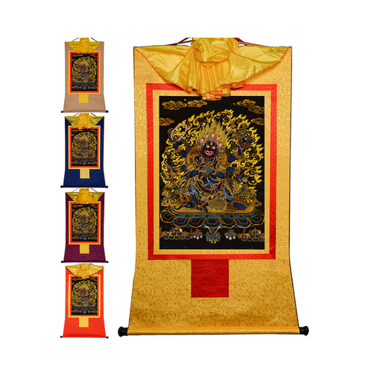 Gandhanra Bronzing Printed Tibetan Thangka Art - Mahakala Thangka(Black Design), Hand Framed Tibetan Buddhist Thangka Wall Hanging