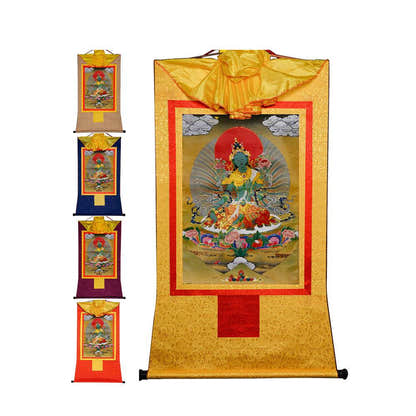 Green Tara - Tibetan thangka painting, front view