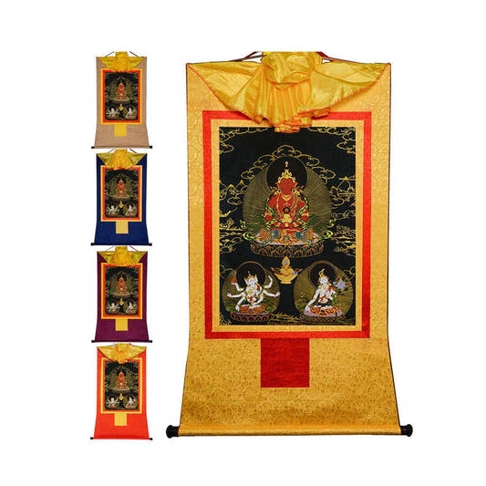 Amitayus-Buddha Of Infinite Life - in Black Type - Tibetan thangka painting, front view