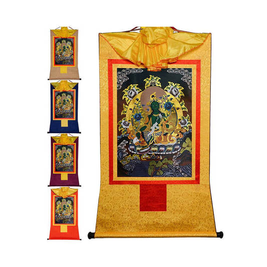 Green Tara - in Black Style - Tibetan thangka painting, front view