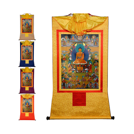 Gandhanra Bronzing Printed Tibetan Thangka Art - Shakyamuni and The Eighteen Arhats Thangka, Hand Framed Tibetan Buddhist Thangka Wall Hanging