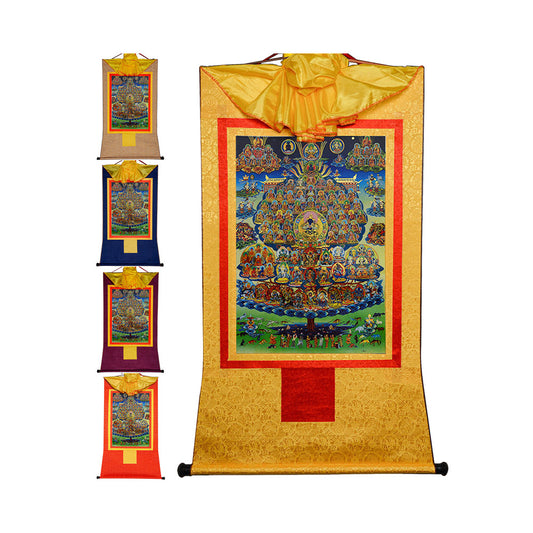 Gandhanra Bronzing Printed Tibetan Thangka Art - Karma Kagyu Refuge Tree Thangka, Hand Framed Tibetan Buddhist Thangka Wall Hanging