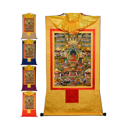 Gandhanra Bronzing Printed Tibetan Thangka Art - Amitabha Thangka(Pure Land,Sukhavati), Hand Framed Tibetan Buddhist Thangka Wall Hanging