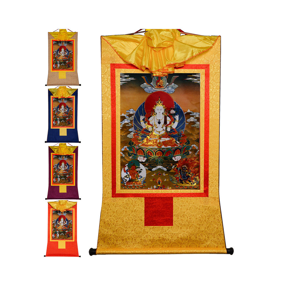 Gandhanra Bronzing Printed Tibetan Thangka Art - Chenrezig Thangka, Hand Framed Tibetan Buddhist Thangka Wall Hanging