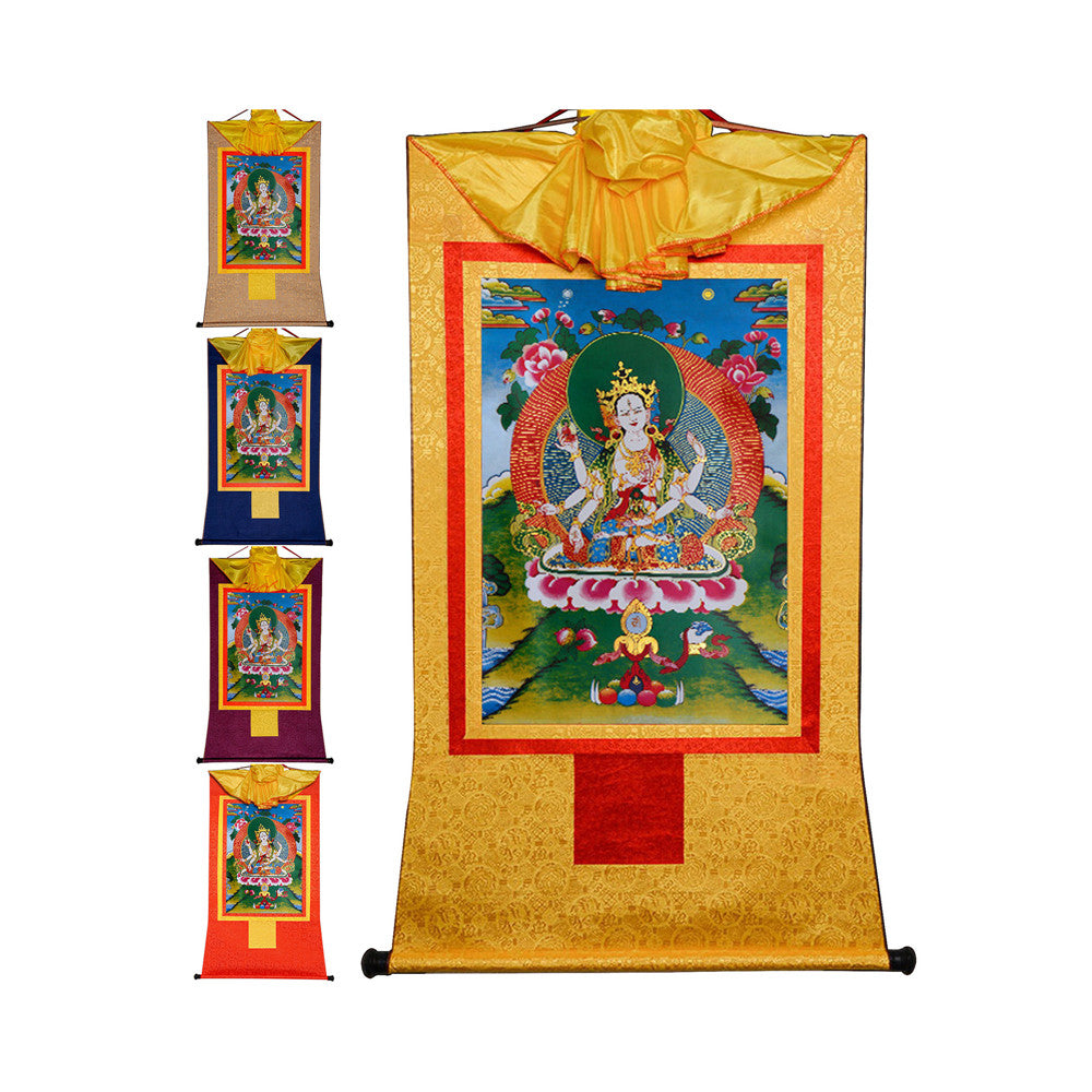 Gandhanra Bronzing Printed Tibetan Thangka Art - Usnisa Vijaya / Namgyalma Thangka, Hand Framed Tibetan Buddhist Thangka Wall Hanging