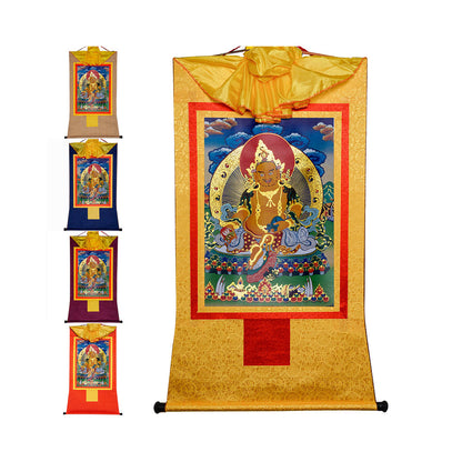 Gandhanra Bronzing Printed Tibetan Thangka Art - Yellow Jambhala Thangka,Dzambhala, Hand Framed Tibetan Buddhist Thangka Wall Hanging