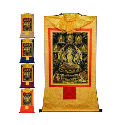 Chenrezig in Black Type - Tibetan thangka painting, front view