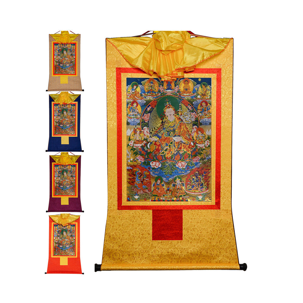 Gandhanra Bronzing Printed Tibetan Thangka Art - Eight Manifestations of Guru Rinpoche Thangka, Hand Framed Tibetan Buddhist Thangka Wall Hanging