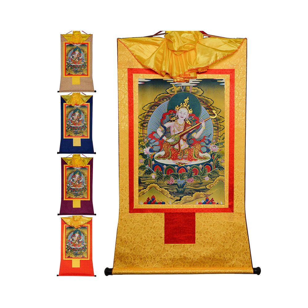 Gandhanra Bronzing Printed Tibetan Thangka Art- Saraswati Thangka, Hand Framed Tibetan Buddhist Thangka Wall Hanging