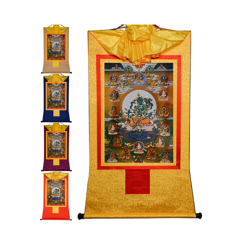 Gandhanra Bronzing Printed Tibetan Thangka Art- the 21 Taras Thangka, Hand Framed Tibetan Buddhist Thangka Wall Hanging