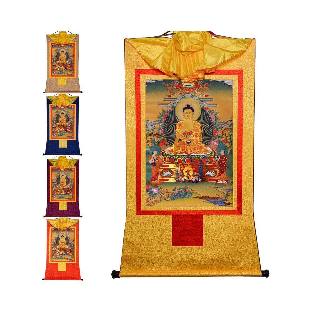 Gandhanra Bronzing Printed Tibetan Thangka Art- Shakyamuni Thangka, Hand Framed Tibetan Buddhist Thangka Wall Hanging