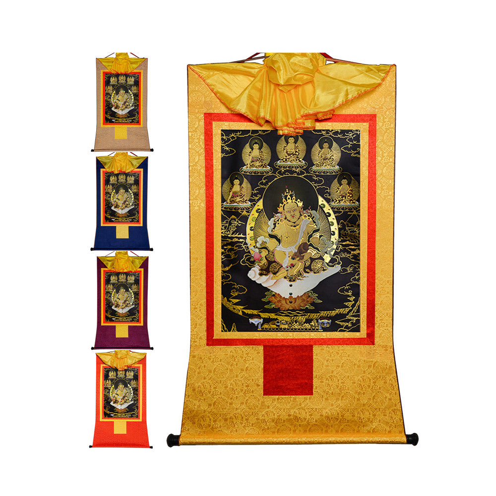 Gandhanra Bronzing Printed Tibetan Thangka Art - Yellow Jambhala Thangka,Dzambhala(Black Type), Hand Framed Tibetan Buddhist Thangka Wall Hanging