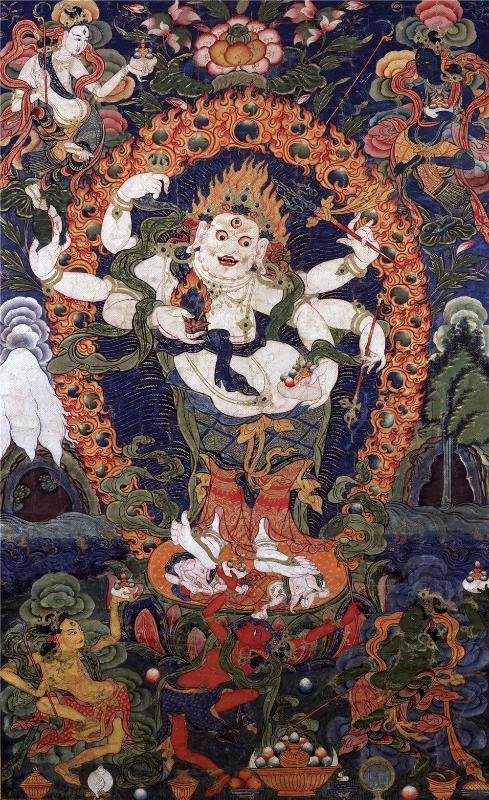 White Mahakala - 17th Century Old Version - Tibetan thangka painting, front view