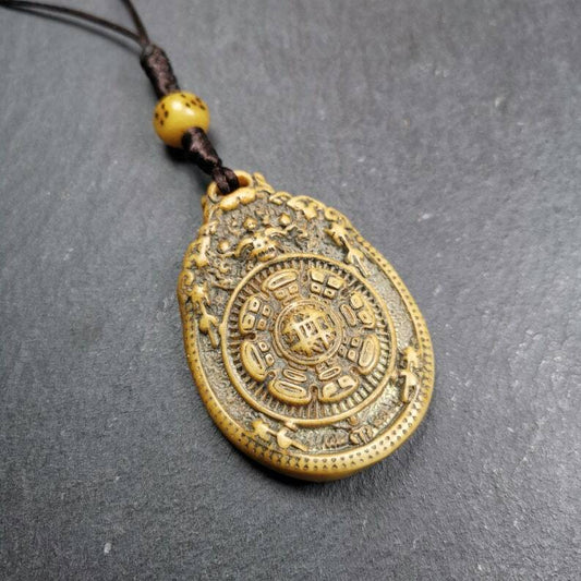 Buddhist Calendar Amulet,Yak Bone Carved Melong Mirror,SIPAHO(srid pa ho) Badge