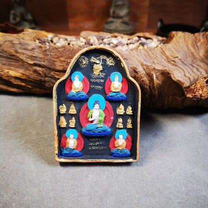 Gandhanra Painted Tibetan Tsa Tsa Mold Statue,Five Dhyani Buddhas - Tibetan Buddhist statue, detailed view